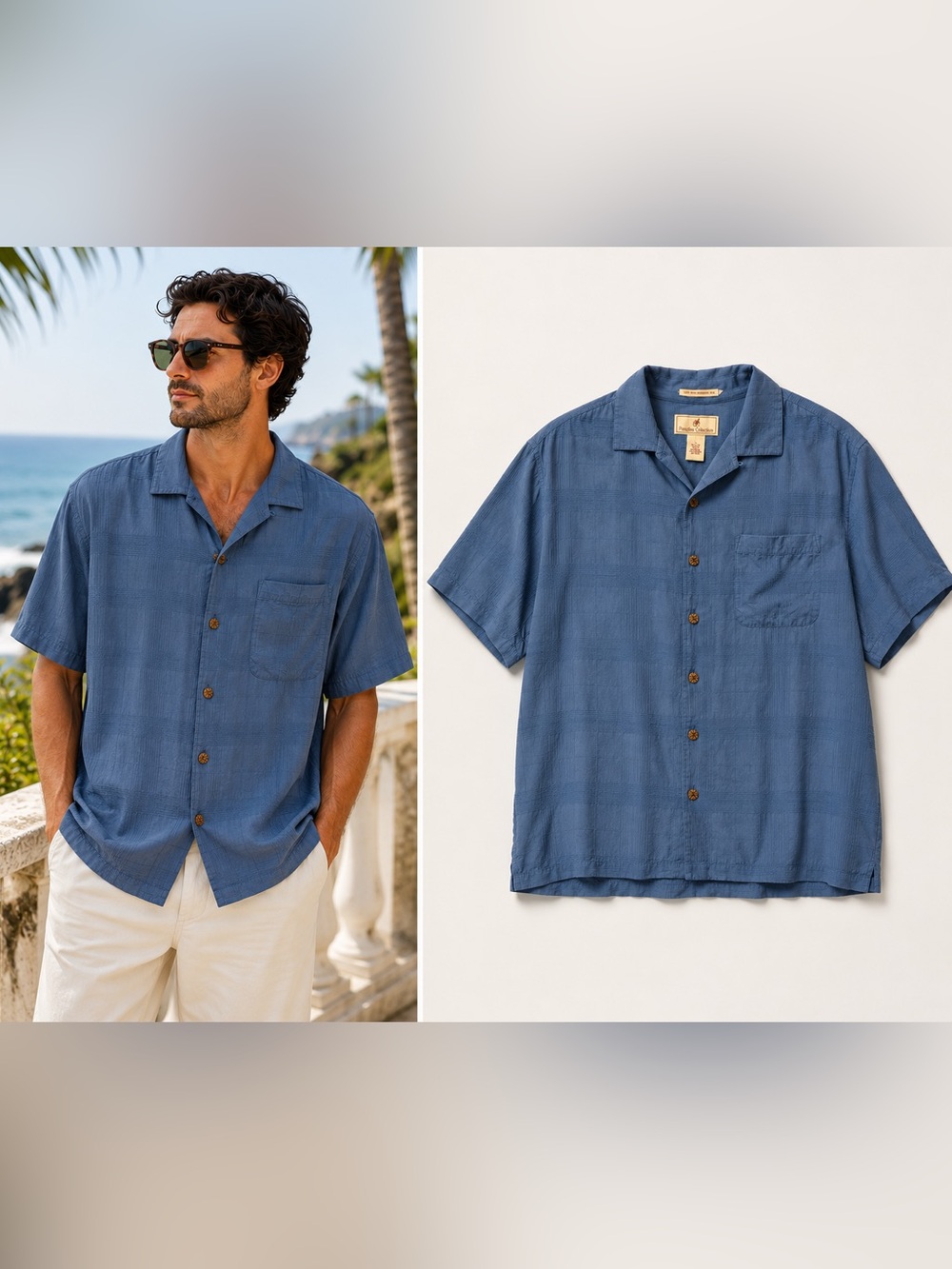 Paradise Collection 100% Silk Blue Camp Shirt Large Hawaiian Coastal Grandpa‎